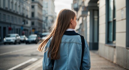 Obraz premium Caucasian Teen Girl with Long Hair in Casual Outfit at Urban Street Back View Portrait