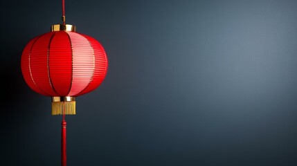 Fototapeta premium Red paper lantern hanging on wall casting warm glow, creating cozy ambiance in dimly lit space.