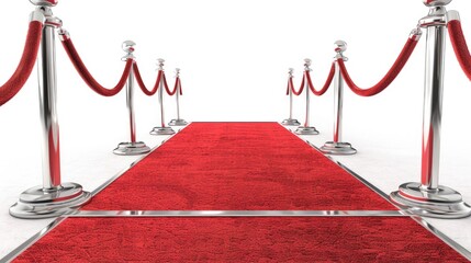 Red velvet rope barrier, silver poles, and red carpet on white background