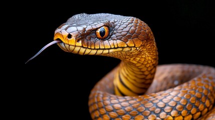 Obraz premium Close-up of snake with tongue out, detailed scales, sharp eyes, coiled body on forest floor, natural habitat.