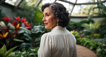 Naklejka premium Hispanic Middle Aged Woman with Curly Hair in Blouse at Garden Pathway Back View Portrait