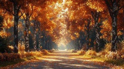 Obraz premium Sunlit Pathway Through Autumn Forest