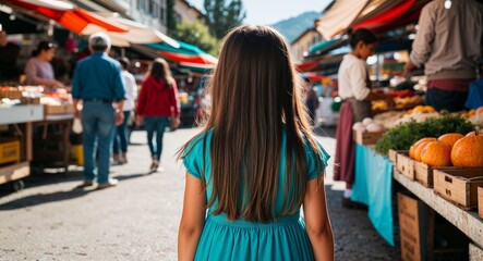 Fototapeta premium Hispanic Young Girl with Long Hair in Dress at Colorful Mural Back View Portrait