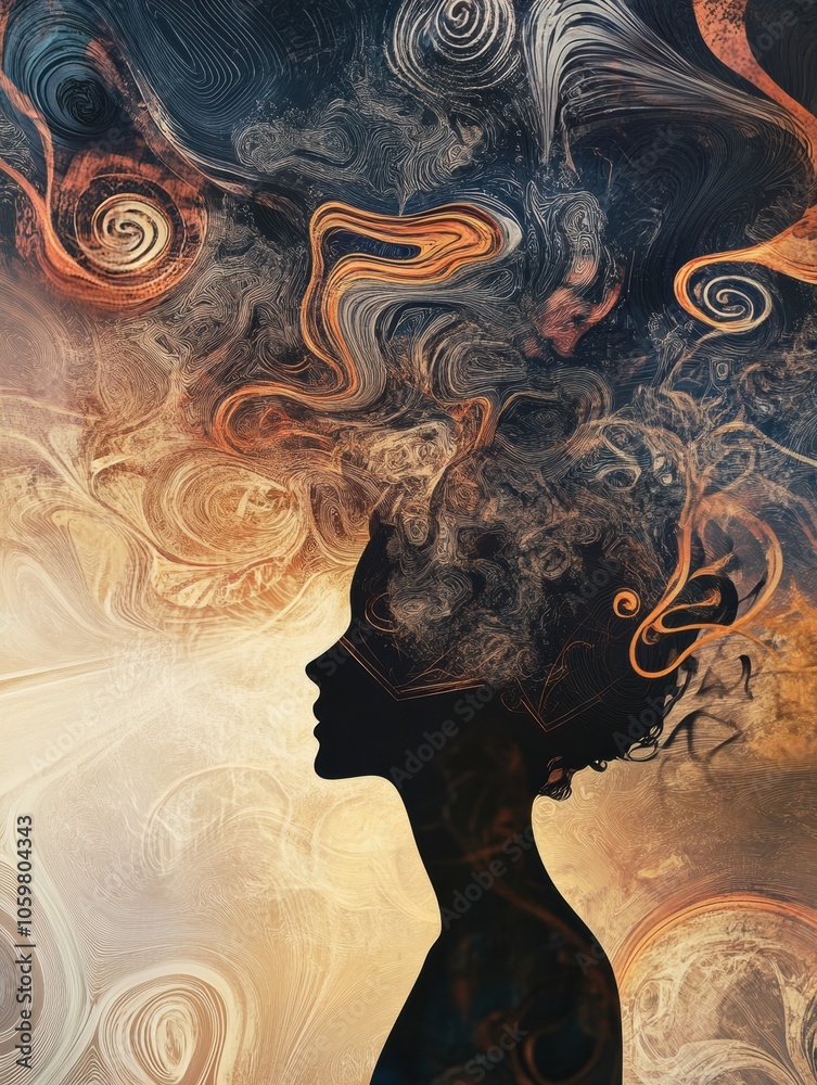 Leinwandbilder a silhouette depicts a person with swirling colors and patterns representing thoughts or dreams, set