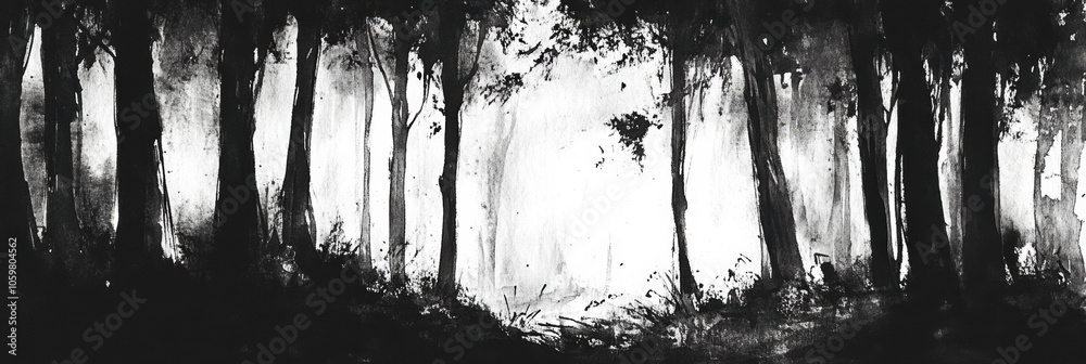 Aufkleber A detailed black ink sketch captures a dense forest at dusk, showcasing intricate tree patterns and deep shadows alongside a soft glow. Generative AI