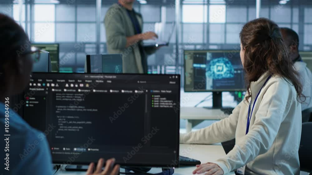 Poster angry woman getting computer crash while trying to fix error in high tech data center. furious emplo