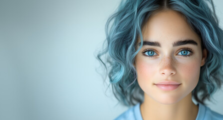 Naklejka premium A young woman with curly blue hair and striking blue eyes gazes directly at the viewer, showcasing her natural beauty. She appears calm and serene in a minimalistic setting.