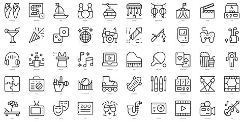 Set of simple outline entertainment Icons. Thin line art icons pack. Vector illustration