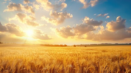 Naklejka premium Wheat sown in farm field yields bountiful golden harvest. Farm background photo with wheat.