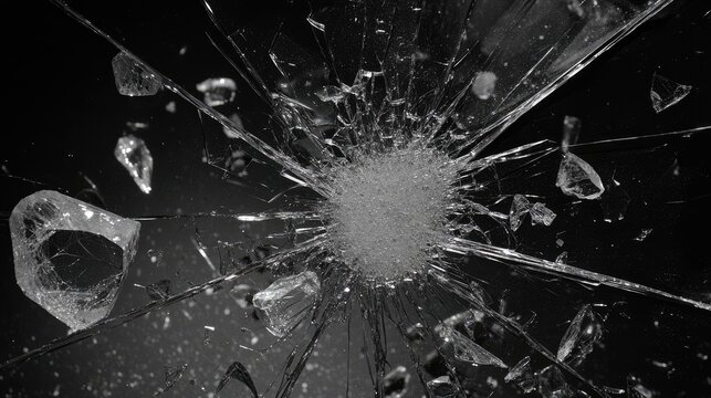 Shattered Glass Fragmentation on Black Background