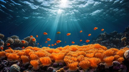 Obraz premium Underwater Scene with Orange Fish and Coral Reef