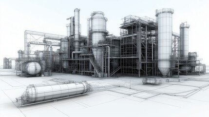 Wireframe drawing of a large industrial plant with complex piping, tanks, and chimneys showcasing detailed structural design elements.