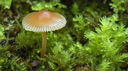 A small, orange mushroom with white gills growing in a bed of green moss.