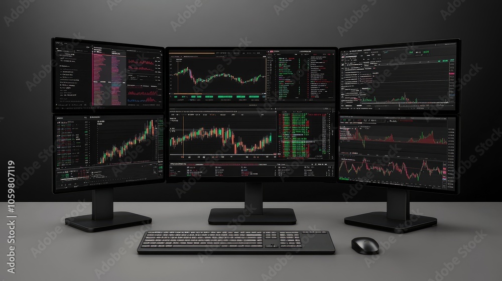 Poster modern trading setup with multiple screens and charts