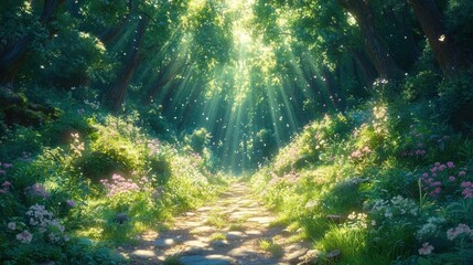 Obraz premium Sunbeams Illuminating a Stone Path Through a Lush Forest