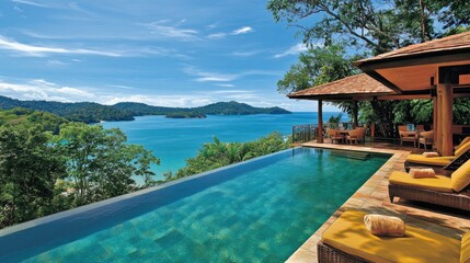 Obraz premium Serene Poolside View Overlooking Tropical Paradise