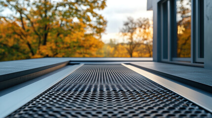 Close-up of a stylish exterior downspout on a flat roof with a metal mesh cover for a rainwater collection system in a modern house