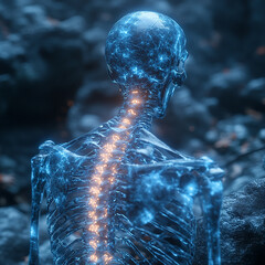 A skeleton's spine, highlighted with glowing orange energy.


