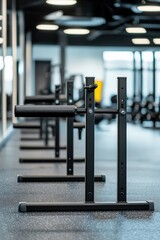 Fototapeta premium Athlete doing tricep dips on parallel bars in a fitness center