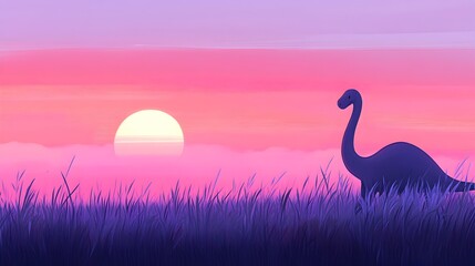 Naklejka premium Brachiosaurus Silhouette Against Vibrant Sunset Over Grasslands