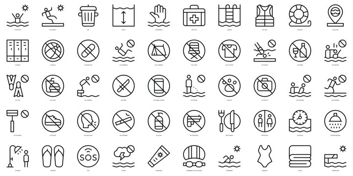 Set of thin line swimming pool rules Icons. Vector illustration