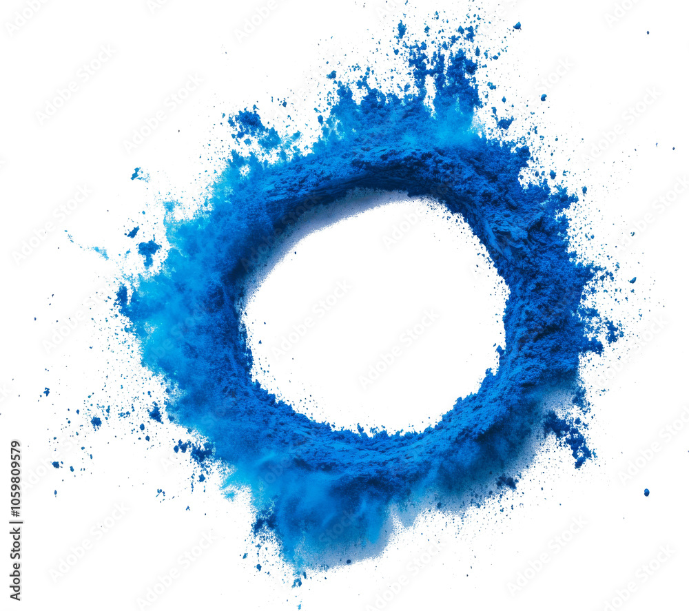 Poster Blue powder explosion creating a ring shape on transparent background. Abstract art and color concept
