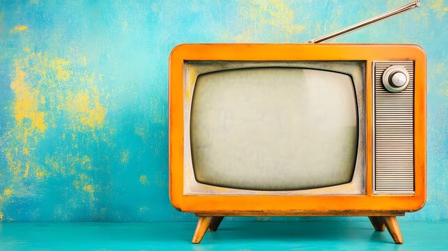 Vintage Television Set Displaying Static on Retro Textured Wall Background
