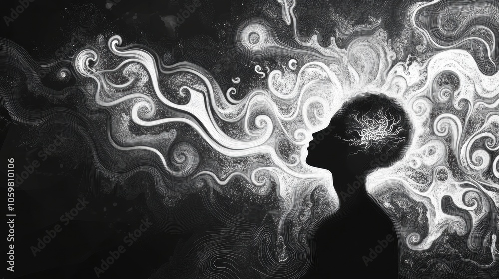 Aufkleber a silhouette of a person is depicted amidst swirling abstract patterns, illustrating the flow of tho