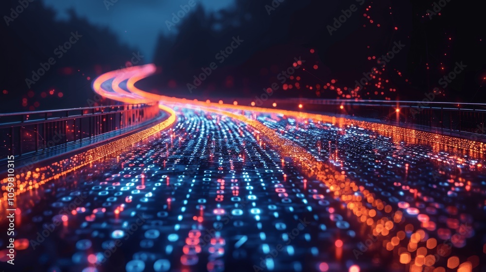 Aufkleber binary data flow on digital highway in futuristic cyberspace - 3d technology illustration