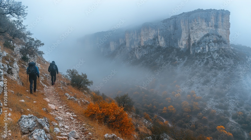 Poster two hikers navigate a mountain trail enveloped in fog during autumn. the landscape showcases a rocky