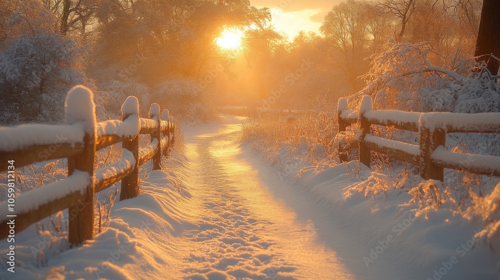 Poster a breathtaking view of a snow-covered pathway where sunlight streams through trees, casting a golden