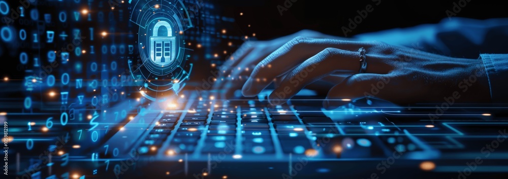 Poster Advanced Cybersecurity System for Online Data Protection Using Digital Padlock and Technology Icons
