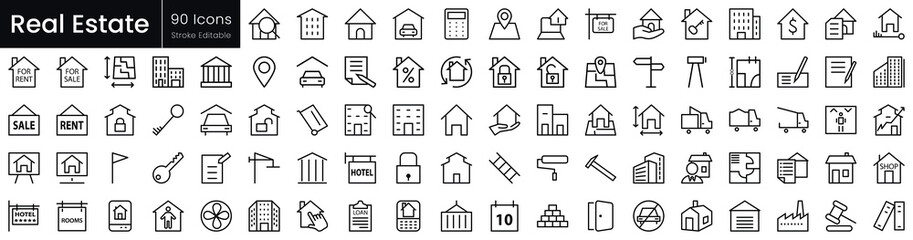 Fototapeta premium A collection of 90 monochrome icons representing real estate concepts, including homes, keys, sales, rentals, and property management.