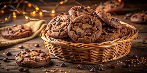 Fototapeta premium A Rustic Still Life Featuring a Wicker Basket Overflowing with Delicious Chocolate Chip Cookies and Scattered Chocolate Chips on a Warm Wooden Surface