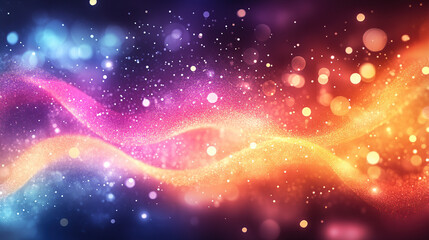 Abstract, glowing particles wave in the background with bokeh lights and a grainy texture, and gradient colors