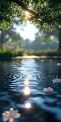 Fototapeta premium A serene scene of sunlight filtering through lush green leaves, casting shimmering reflections on a calm pond, with gentle ripples and floating flowers.