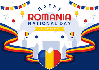 Romania National Day Illustration featuring the Romanian Flag Waving in Celebration of the Great Union Memorial Holiday, with a Festive Background