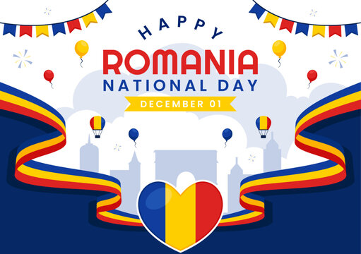 Romania National Day Illustration featuring the Romanian Flag Waving in Celebration of the Great Union Memorial Holiday, with a Festive Background - Powered by Adobe