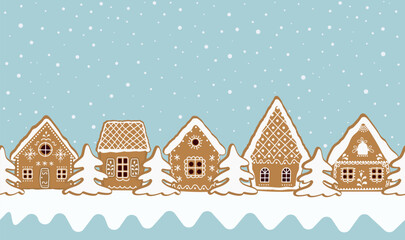 Christmas Background. Gingerbread Village. Seamless Border. Gingerbread Houses, Fir Trees on Blue Background. Greeting Card Template. Vector Illustration