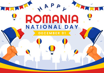 Romania National Day Illustration featuring the Romanian Flag Waving in Celebration of the Great Union Memorial Holiday, with a Festive Background