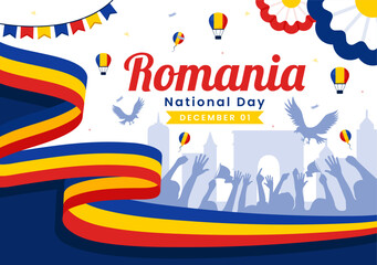 Romania National Day Illustration featuring the Romanian Flag Waving in Celebration of the Great Union Memorial Holiday, with a Festive Background