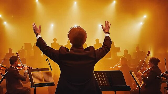 Cinematic back view of a conductor leading a symphony orchestra while violinists are playing