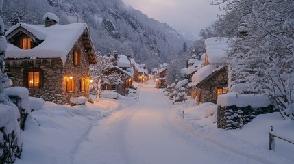 Fototapeta premium A serene winter evening showcases a picturesque village where stone houses glow warmly amidst freshly fallen snow, creating a cozy atmosphere. Snow-covered hills frame the scene.