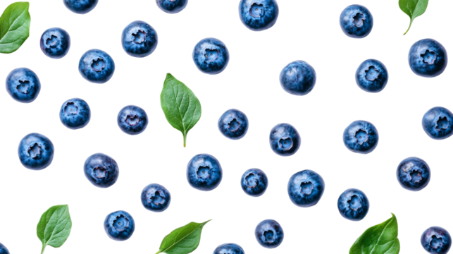 Blueberries and green leaves seamless pattern on transparent background. Fresh fruit and organic food concept