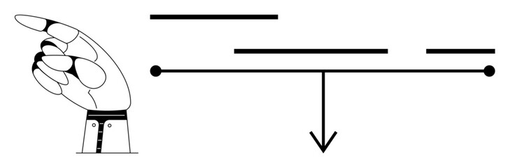 Robotic hand pointing to a horizontal timeline with dots and horizontal lines. An arrow indicates a division. Ideal for technology, progress tracking, project management, future concepts, milestones