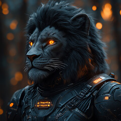 A black panther-like creature wearing futuristic, dark gray armor. Orange lights are on the armor and eyes.


