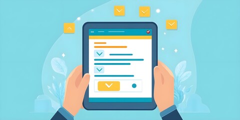 A user filling out an online customer survey form on a tablet. Feedback and Rating Concept. illustration