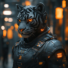 A white tiger with orange eyes, wearing dark futuristic armor, in a city setting.

