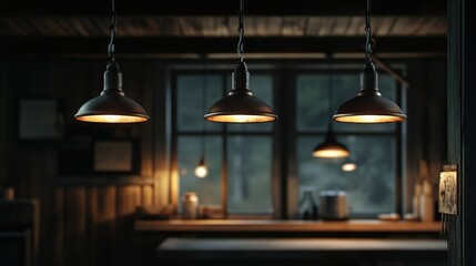 Obraz premium A cozy setting featuring three vintage industrial pendant lights hanging from the ceiling, adding character to a dim space
