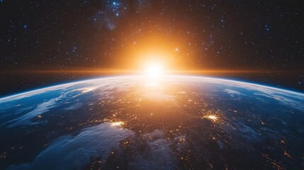 Fototapeta premium Earthrise over a dark, star-filled sky with a brilliant orange sun.